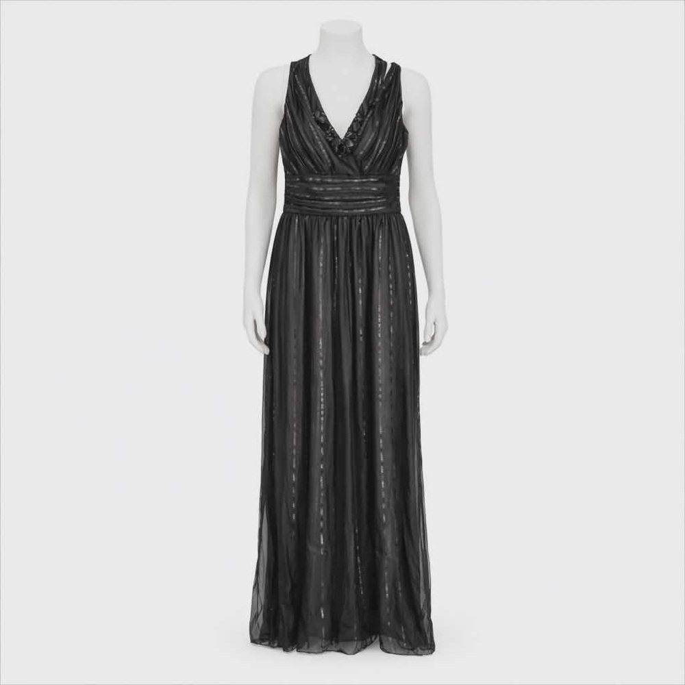 NWT. 6. Badgley Mischka *Modern vintage* Black sheer-stripe-overlay evening gown